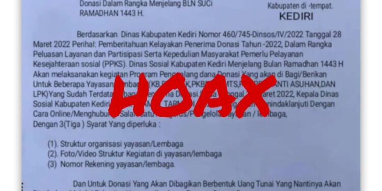 [ HOAKS ] Beredar Surat Kadinsos Kediri Kepada Pengurus Yayasan/Lembaga Se – Kabupaten Kediri